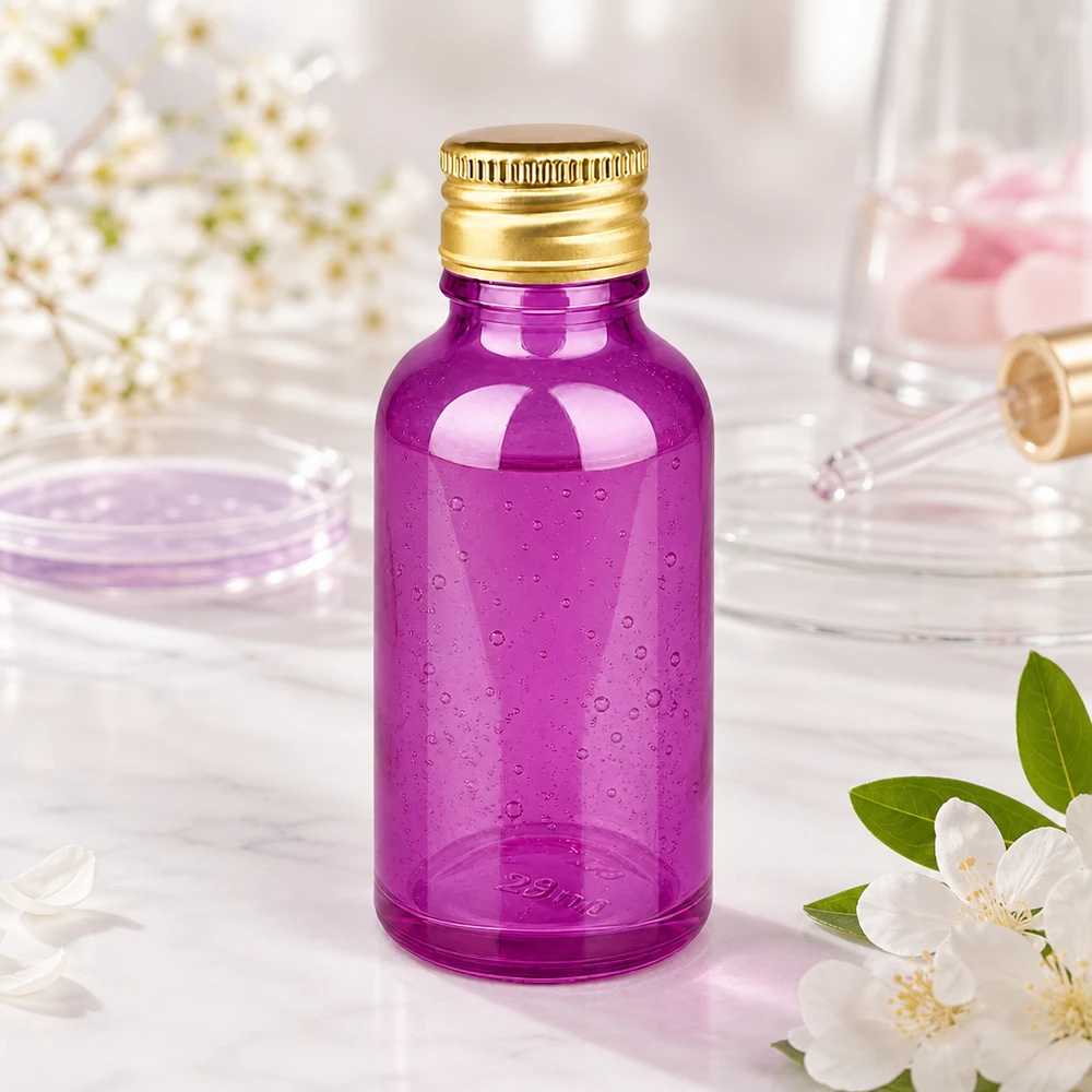 Kompakt 30 ml glasflaska i elegant lila med STD-gänga för exakt dosering av kosmetiska produkter