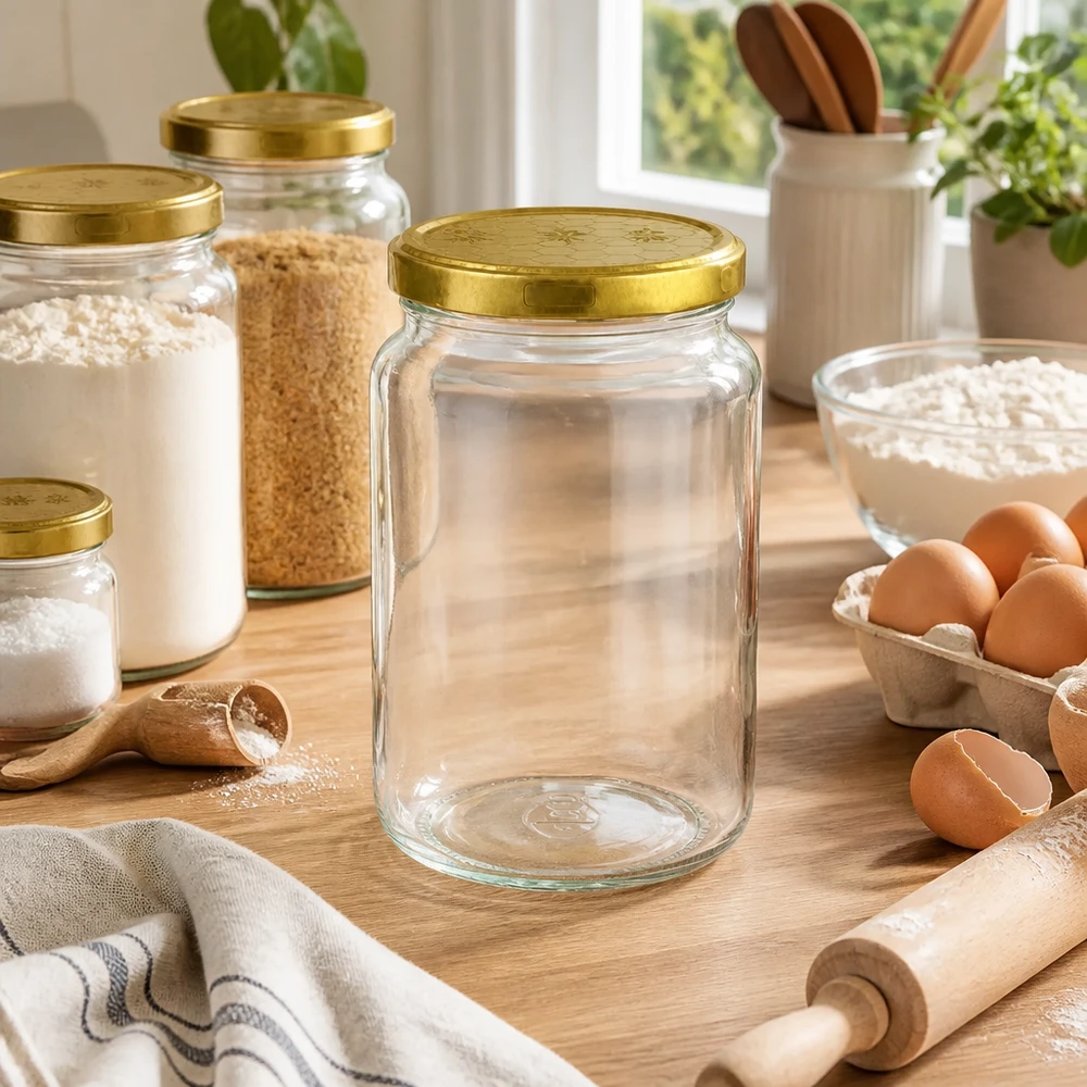 Tom 795 ml rund burk med gyllene bikakelock i köksscen med ägg och bakingredienser