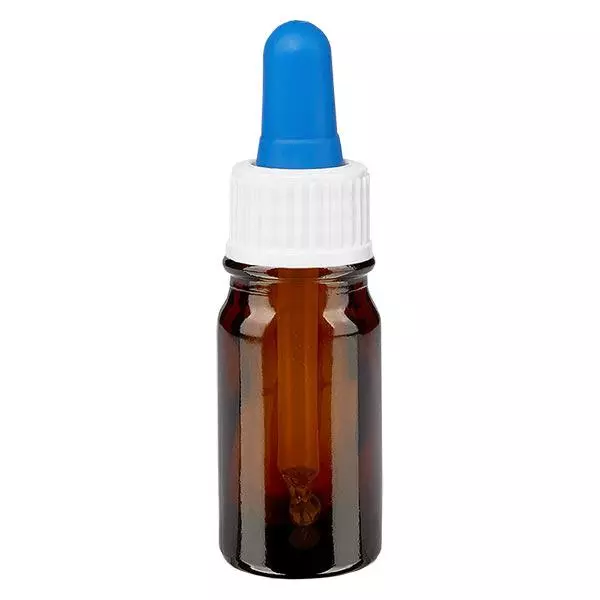Apoteksflaska brun 5ml pipett vit/blå standard Apoteksflaska brun 5ml pipett vit/blå standard