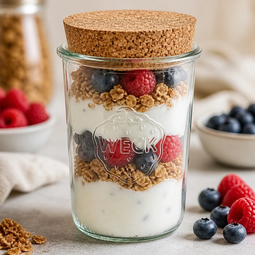 WECK glas 850ml RR100 med kork som yoghurtparfaitburk med bärgranola och naturell yoghurtlagrad dessert