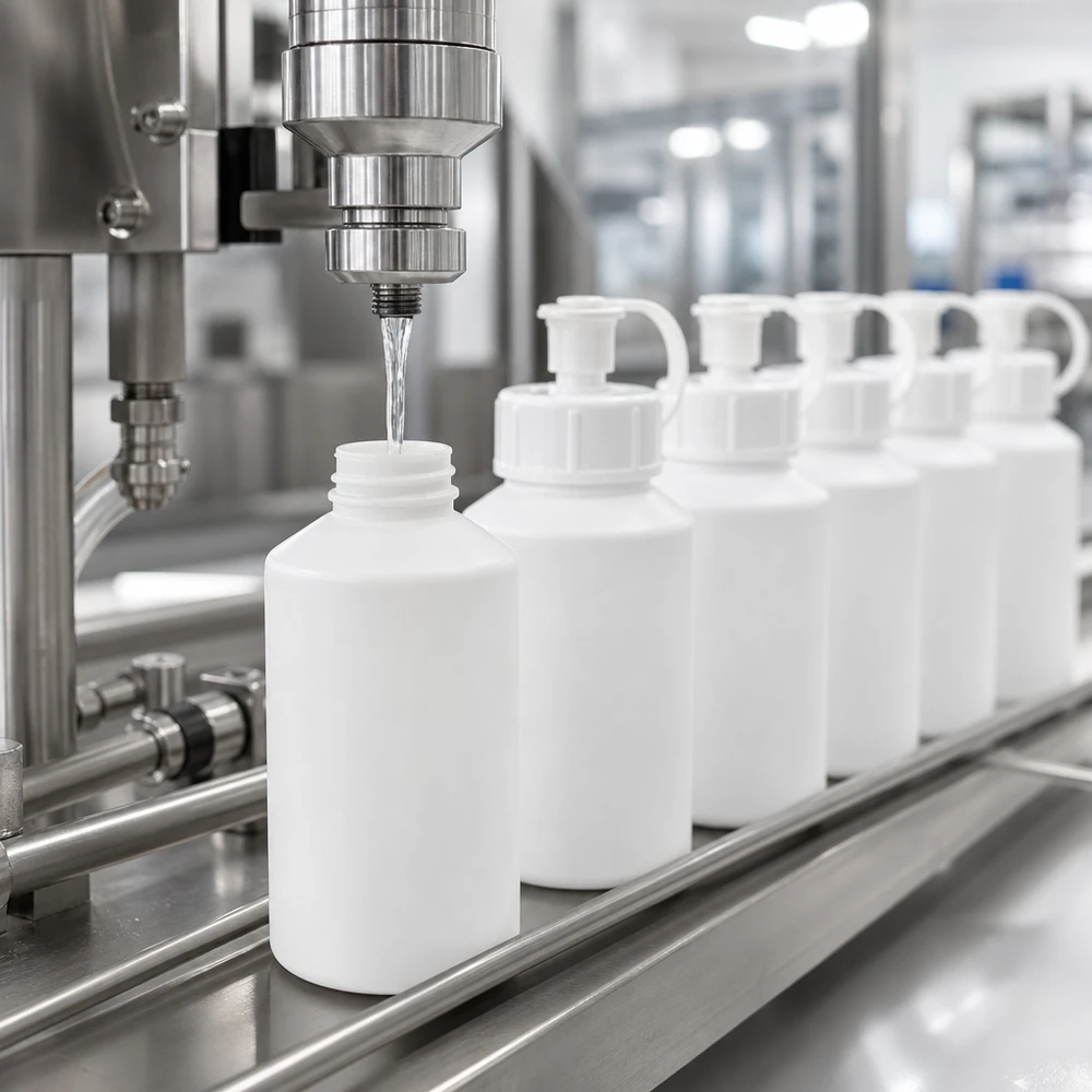 En automatisk fyllningsanläggning fyller vita 50 ml HDPE-apotekflaskor med sprutlock