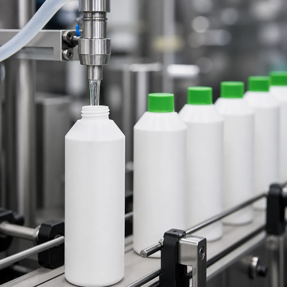 Apoteksflaska HDPE 250ml vit, med grönt skruvlock En automatisk fyllningsanläggning fyller vita 250 ml HDPE-apotekflaskor med gröna skruvkorkar