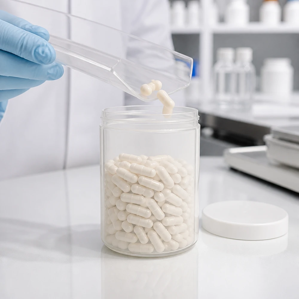 Salvburk 1000g vit med vitt skruvlock (polypropylen) Genomskinlig rund burk med vitt PP-skruvlock, fylld med kapslar i laboratoriet