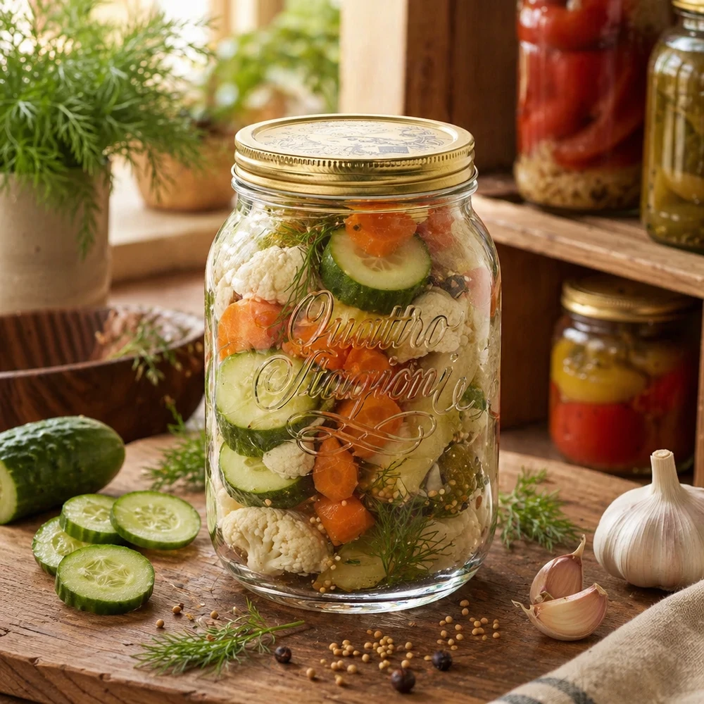 2000ml rund burk "Quattro Stagioni" med lock Quattro Stagioni 2-liters konserveringsburk med inlagda grönsaker och dill - traditionell konservering med gurka och blomkål