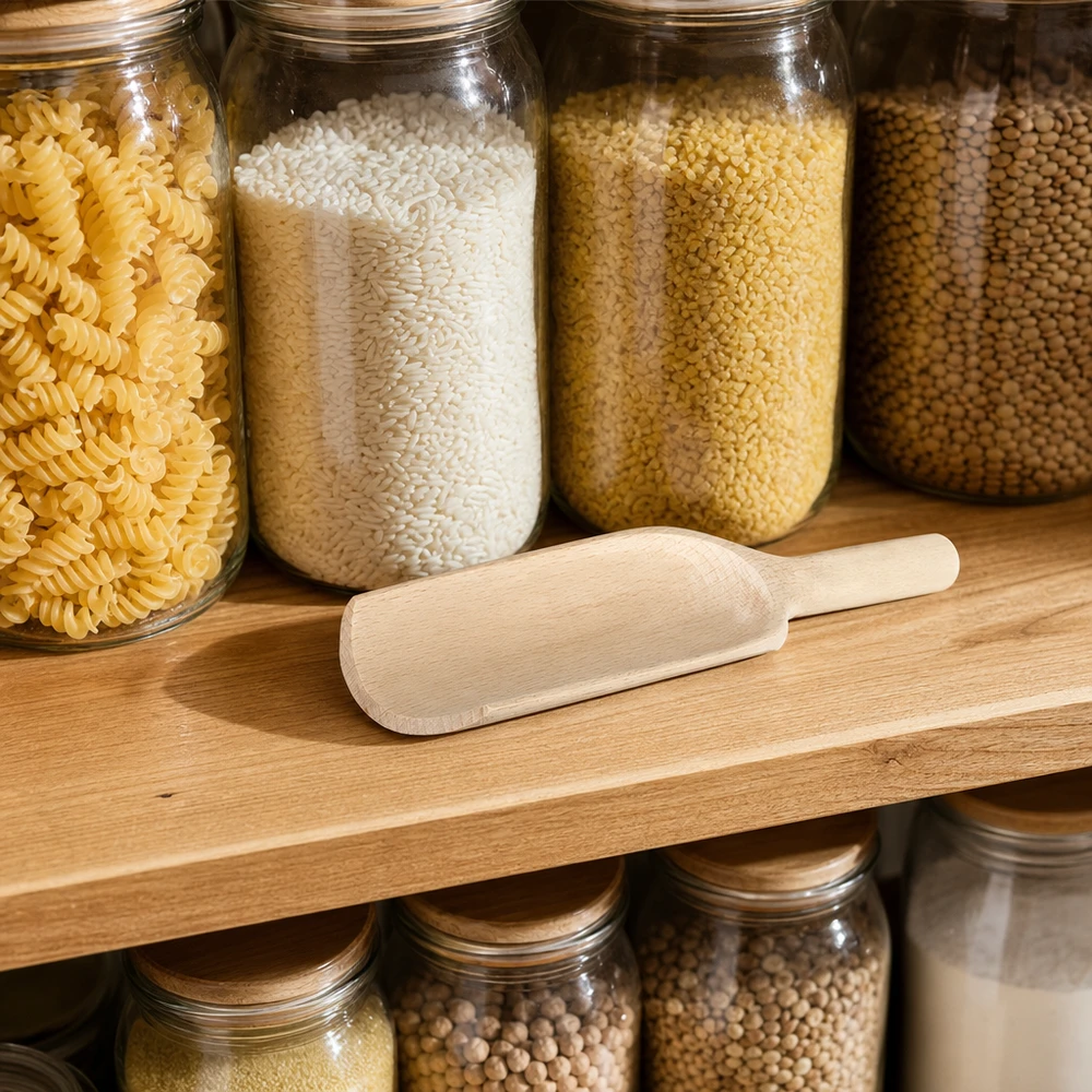 Träskopa L 18cm i organiserat skafferi med glasburkar fulla av pasta ris couscous och baljväxter