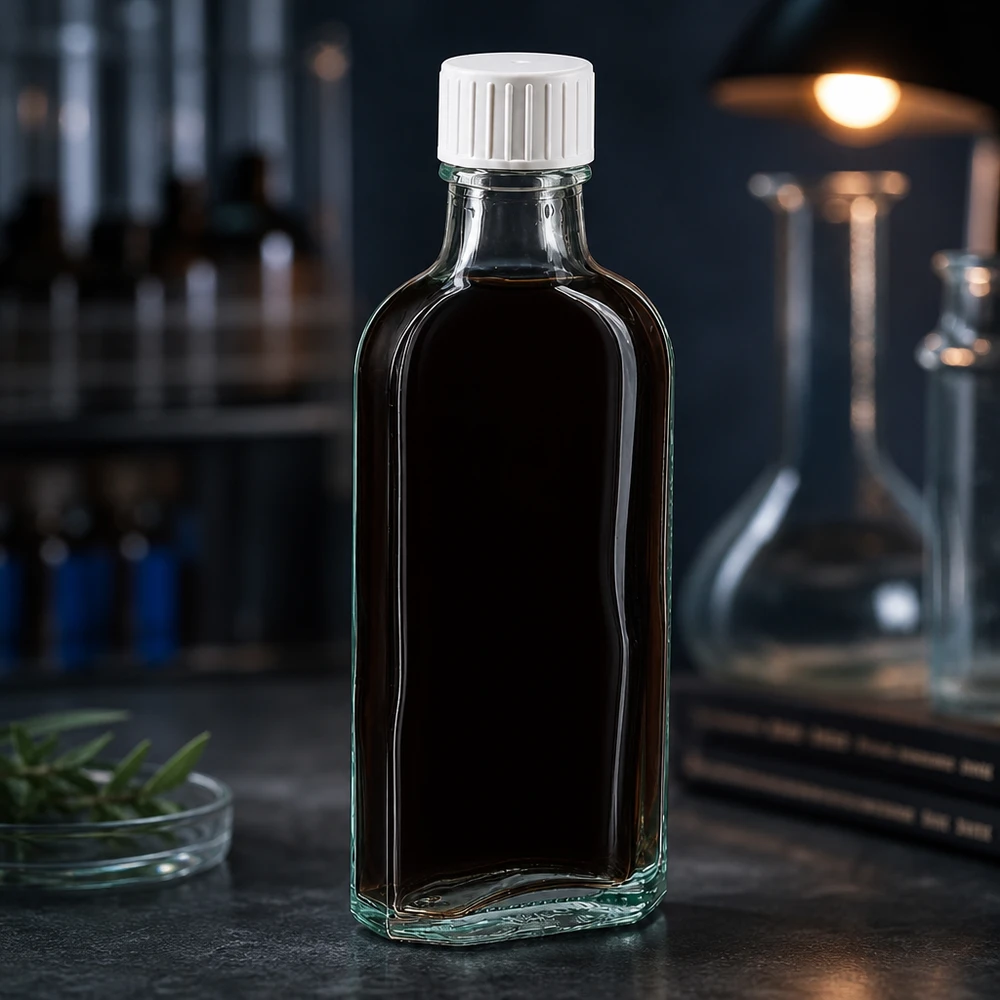 En mörkfärgad 100 ml Meplat-glasflaska med vitt skruvlock mot en mörk bakgrund