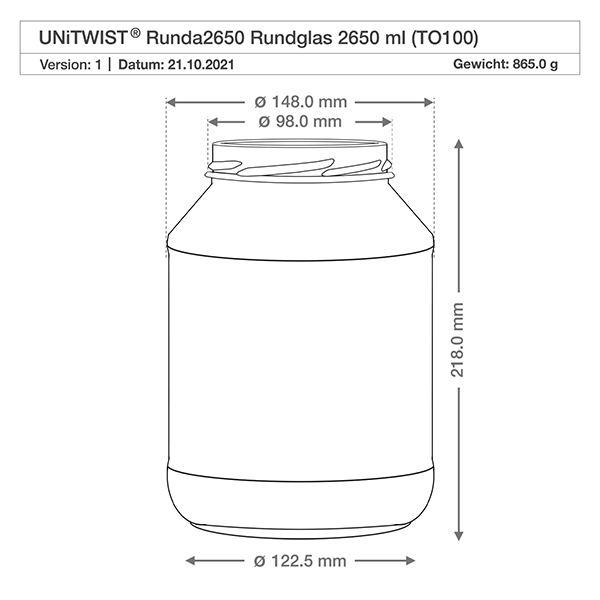 2650ml rund burk utan lock (TO100) UNiTWIST Teknisk ritning UNiTWIST Runda2650 dricksglas 2650ml med måtten diameter 148mm höjd 218mm TO100