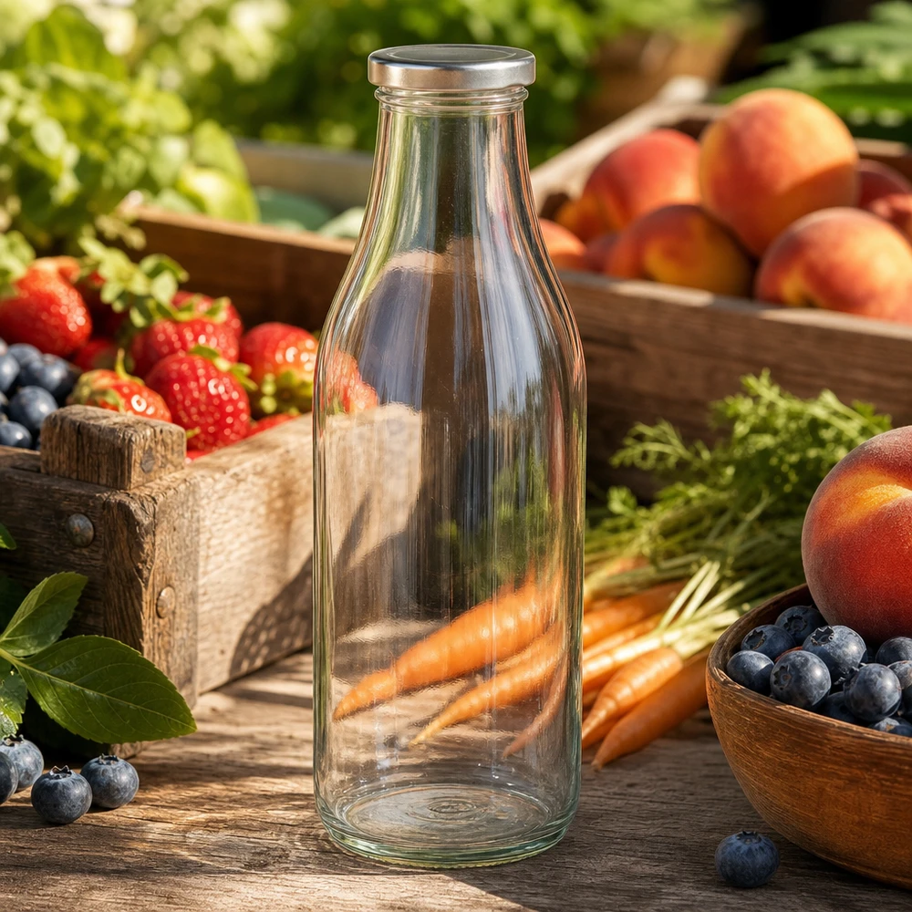 1000 ml glasflaska BasicSeal silver mellan färsk frukt och grönsaker på träbord naturlig atmosfär av marknadsstånd