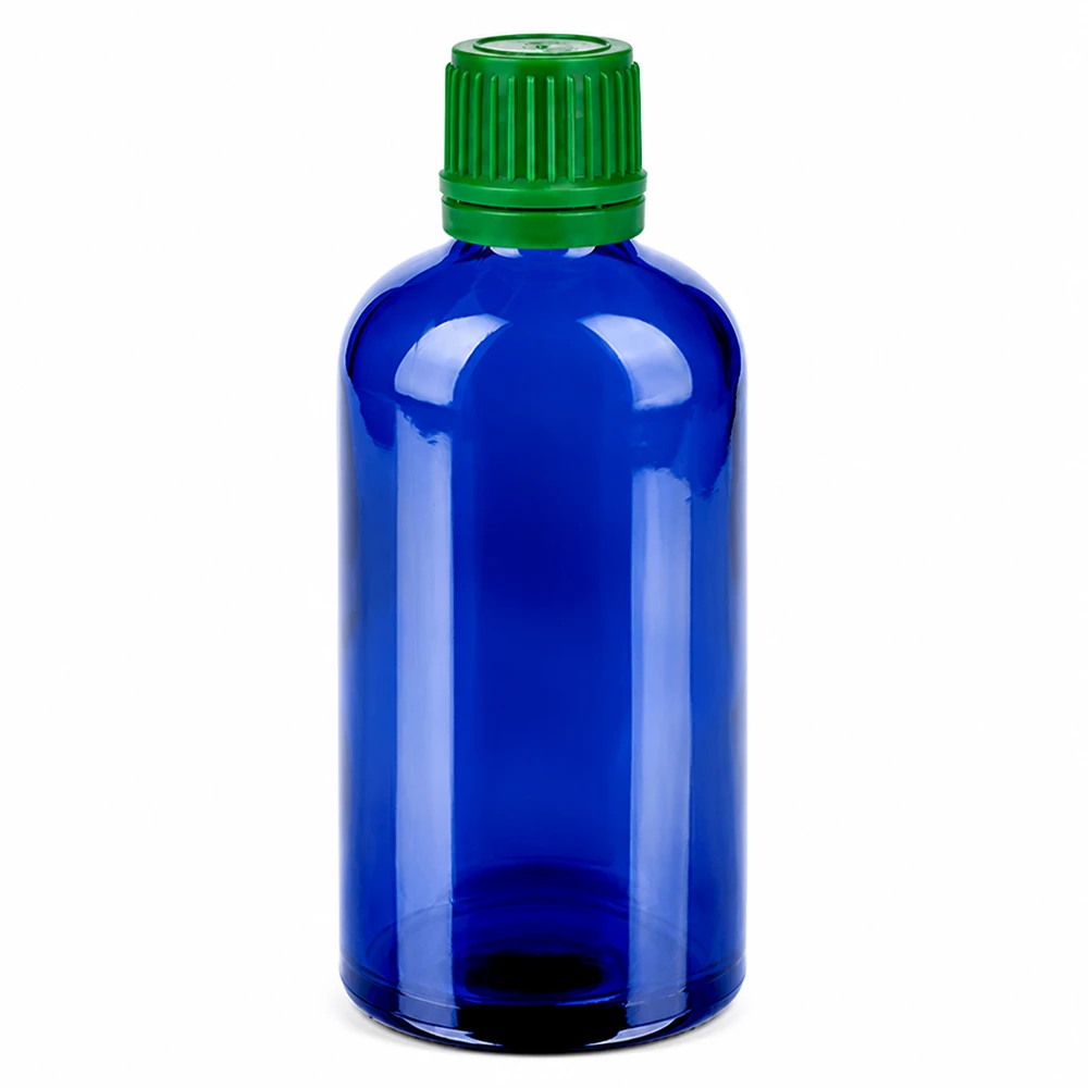 Blå 100 ml glasflaska med grönt skruvlock för eteriska oljor och tinkturer