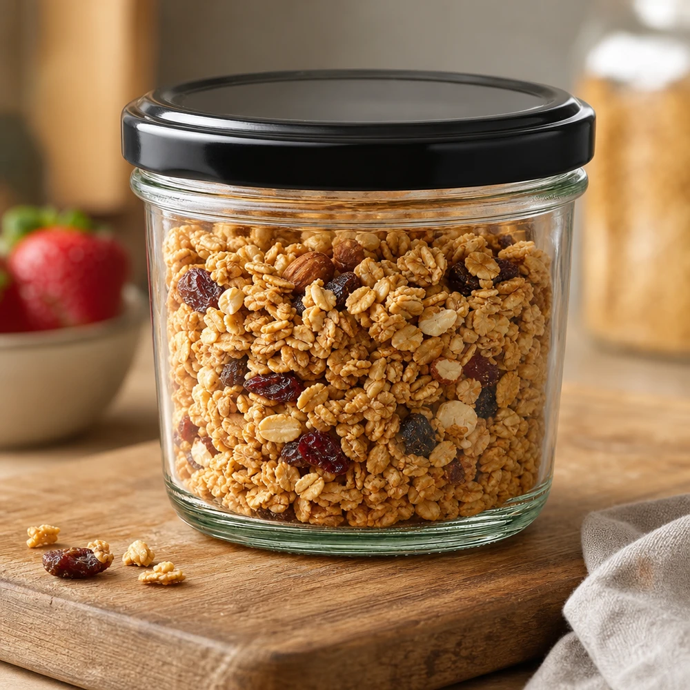 230 ml murarburk fylld med müsli och torkad frukt visar på mångsidig användning för matförvaring