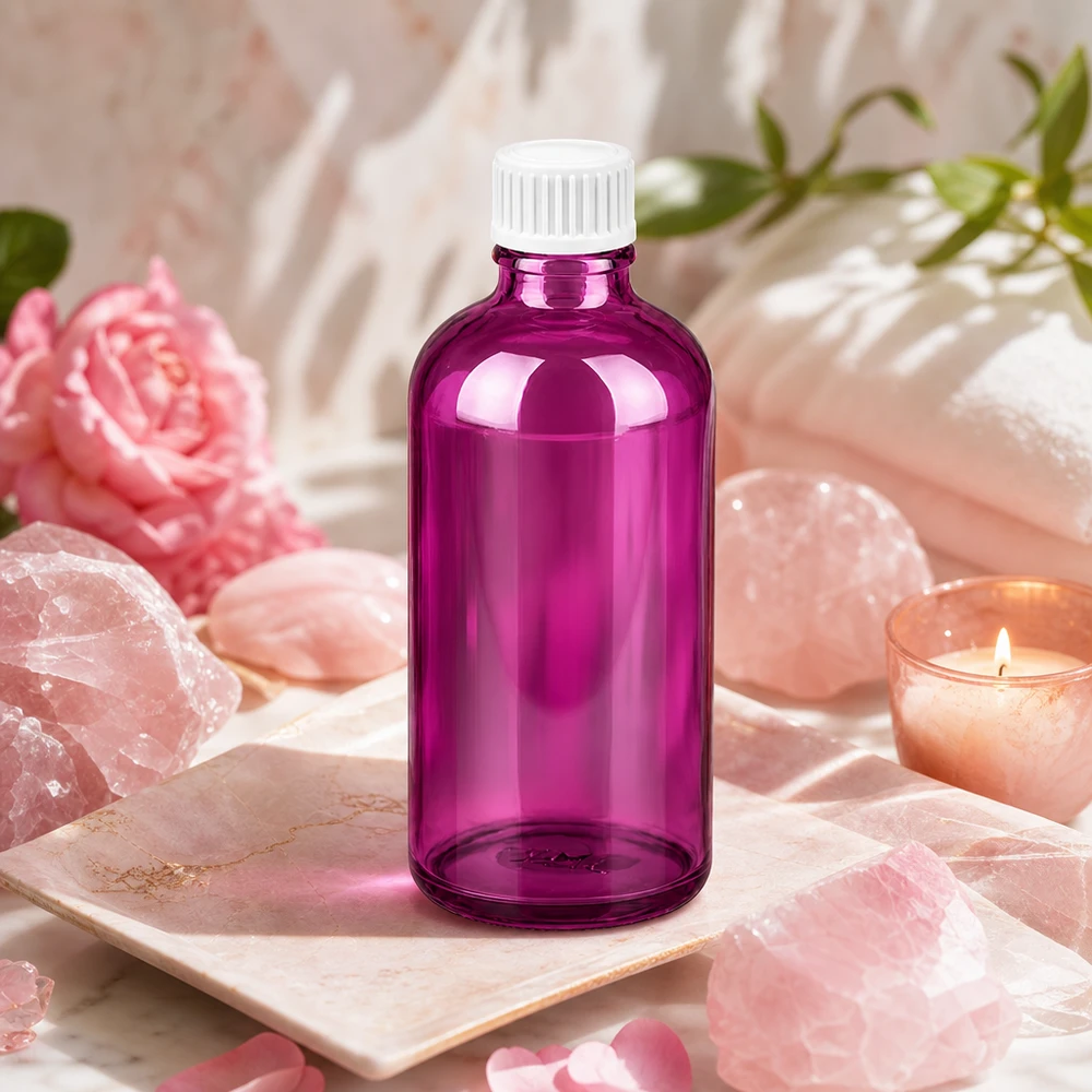 Violett kosmetikflaska 100ml av glas med vitt skruvlock för hudvård och serum