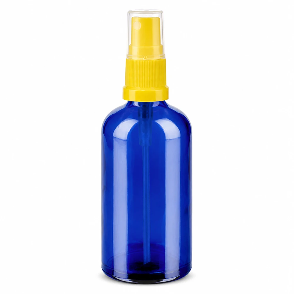 100 ml blå glasflaska med gult sprayhuvud för kosmetika och aromaterapi