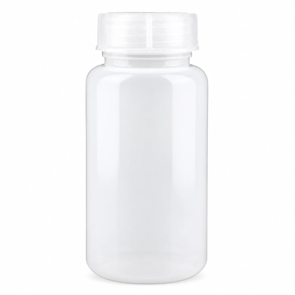 1000 ml laboratorieflaska med vid hals och skruvkork 1000 ml laboratorieflaska med vid hals av HDPE och vitt skruvlock på vit bakgrund