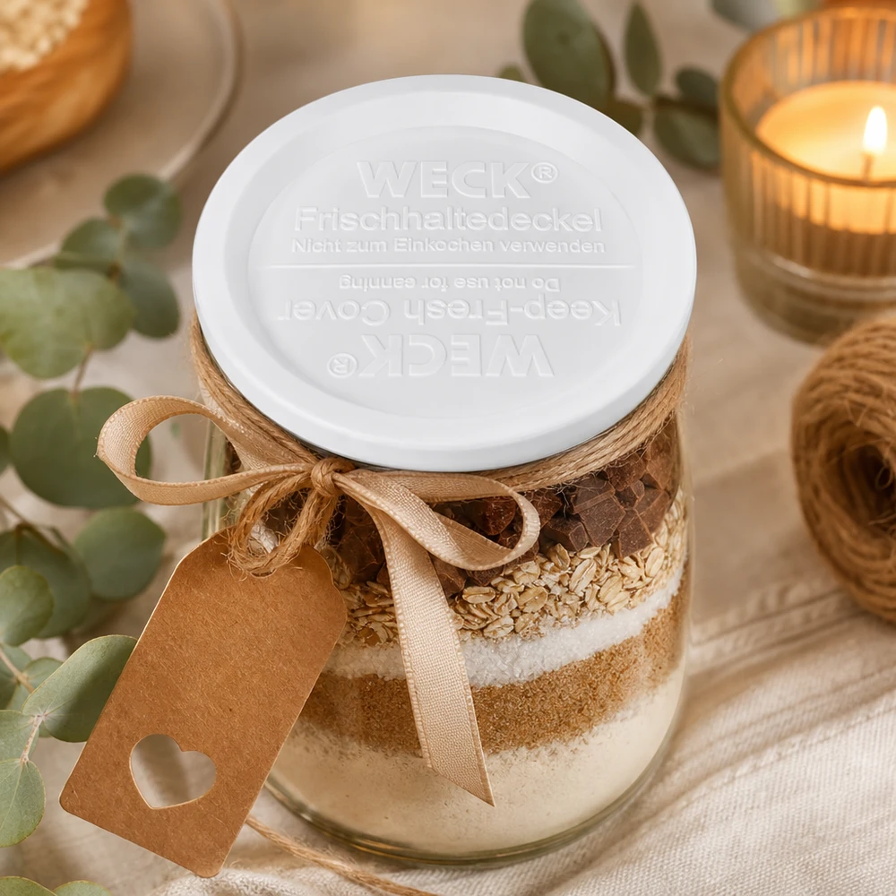 WECK keep-fresh lock RR120 på burk för bakingredienser med choklad havreflingor beige rosett dekoration kök