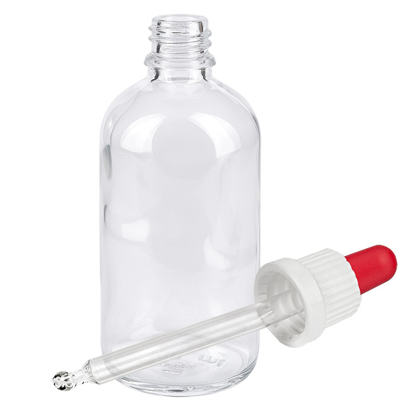 100 ml pipettflaska vit/röd med säkerhetsförslutning ClearLine UT18/100 100 ml ClearLine-pipettflaska med dropppipett och röd gummikula, vit UT18