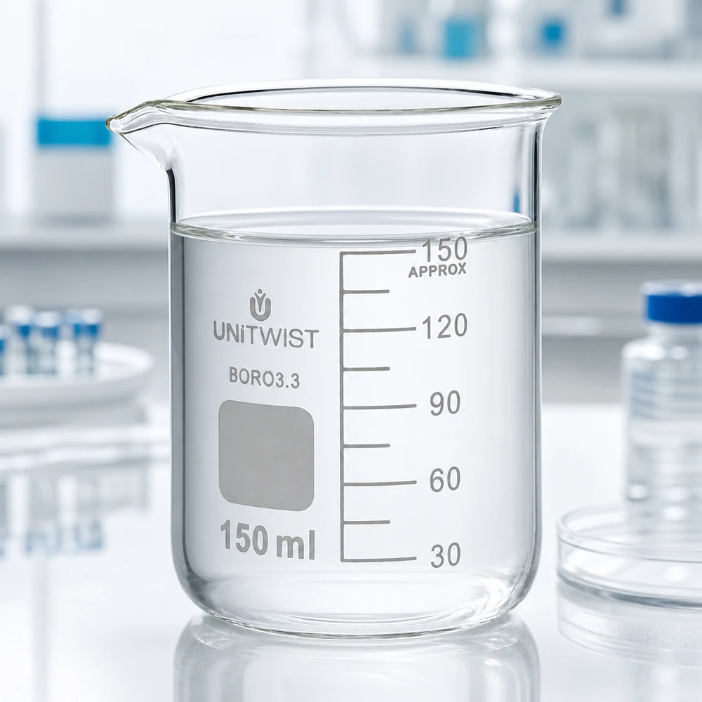 Bägare 150 ml borosilikat, lågformad UNiTWIST UNiTwist-bägare, 150 ml, borosilikatglas 3.3, låg form, fylld med klart vatten i laboratoriet