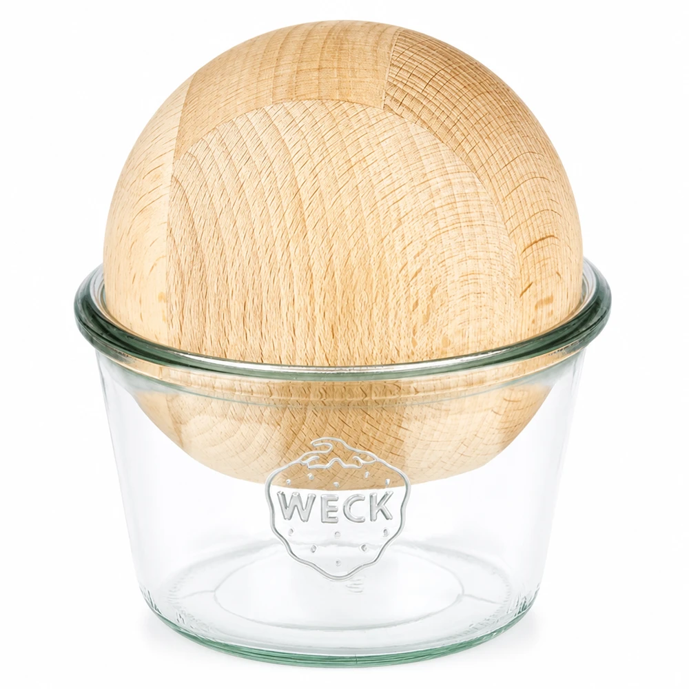 370ml WECK RR100 Krossade glasögon med träkula i bok WECK tumlingsburk 370ml RR100 med kullock i bokträ genomskinlig konserveringsburk av glas