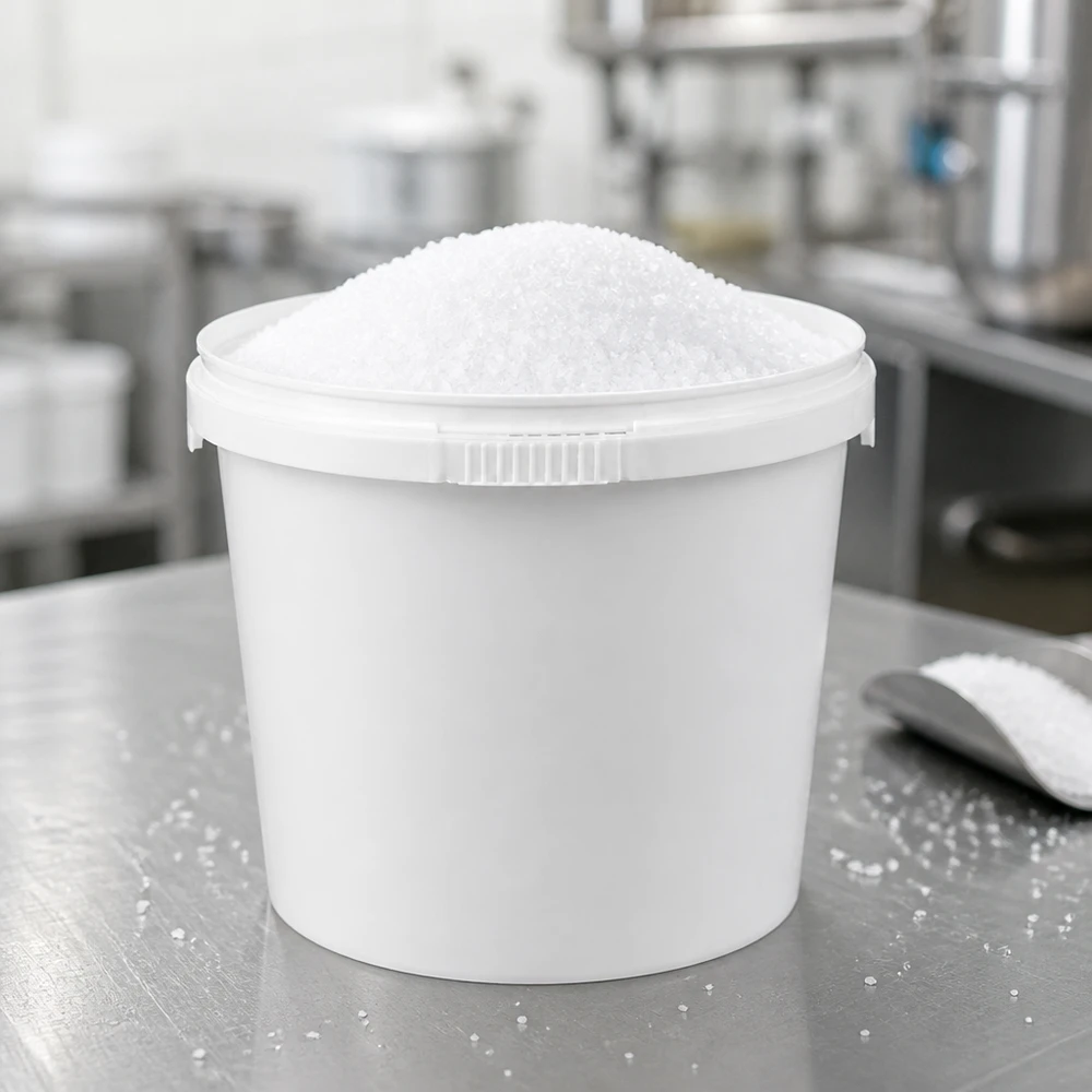 1-liters hink av vit polypropylenplast utan lock Stabil 1-liters hink av vit PP-plast med saltfyllning på en yta av rostfritt stål i ett professionellt kök