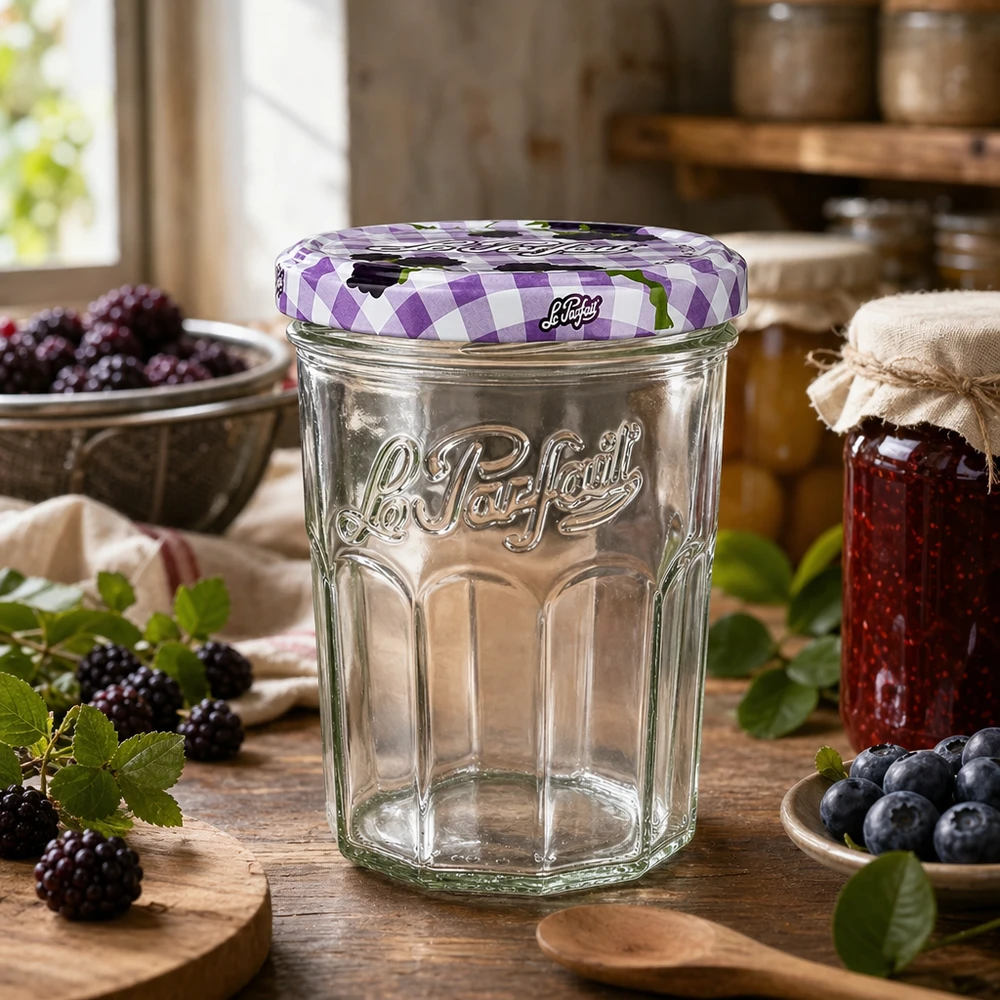 Le Parfait® Jam 385 ml Ø82 mm syltburk Le Parfait-glas 385ml i ett rustikt kök dekorerat med färska bär och hemlagad sylt