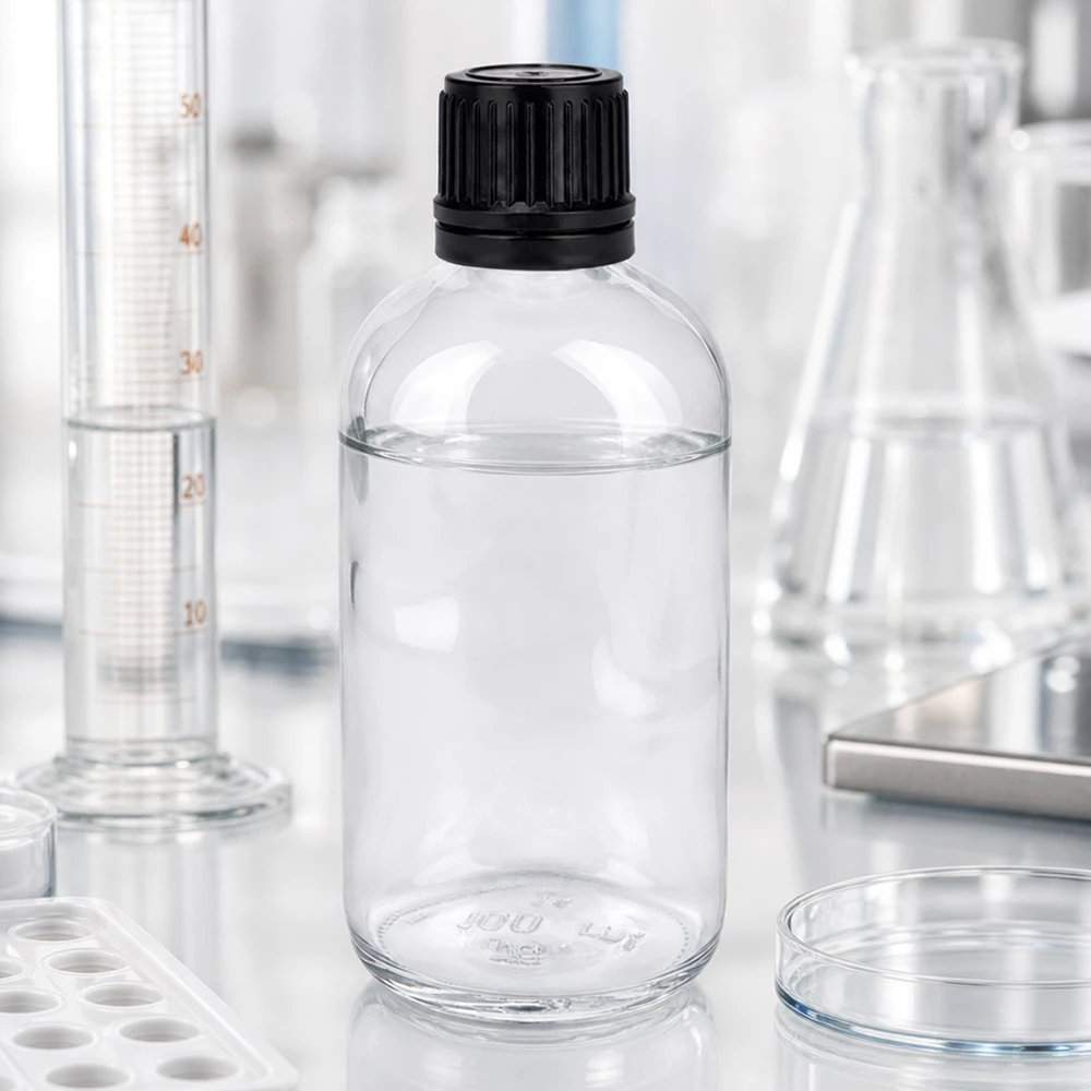100ml globflaska 8mm hällring svart standardförslutning ClearLine UT18/1 Genomskinlig 100 ml laboratorieflaska med 8 mm globulflaska och svart plastlock