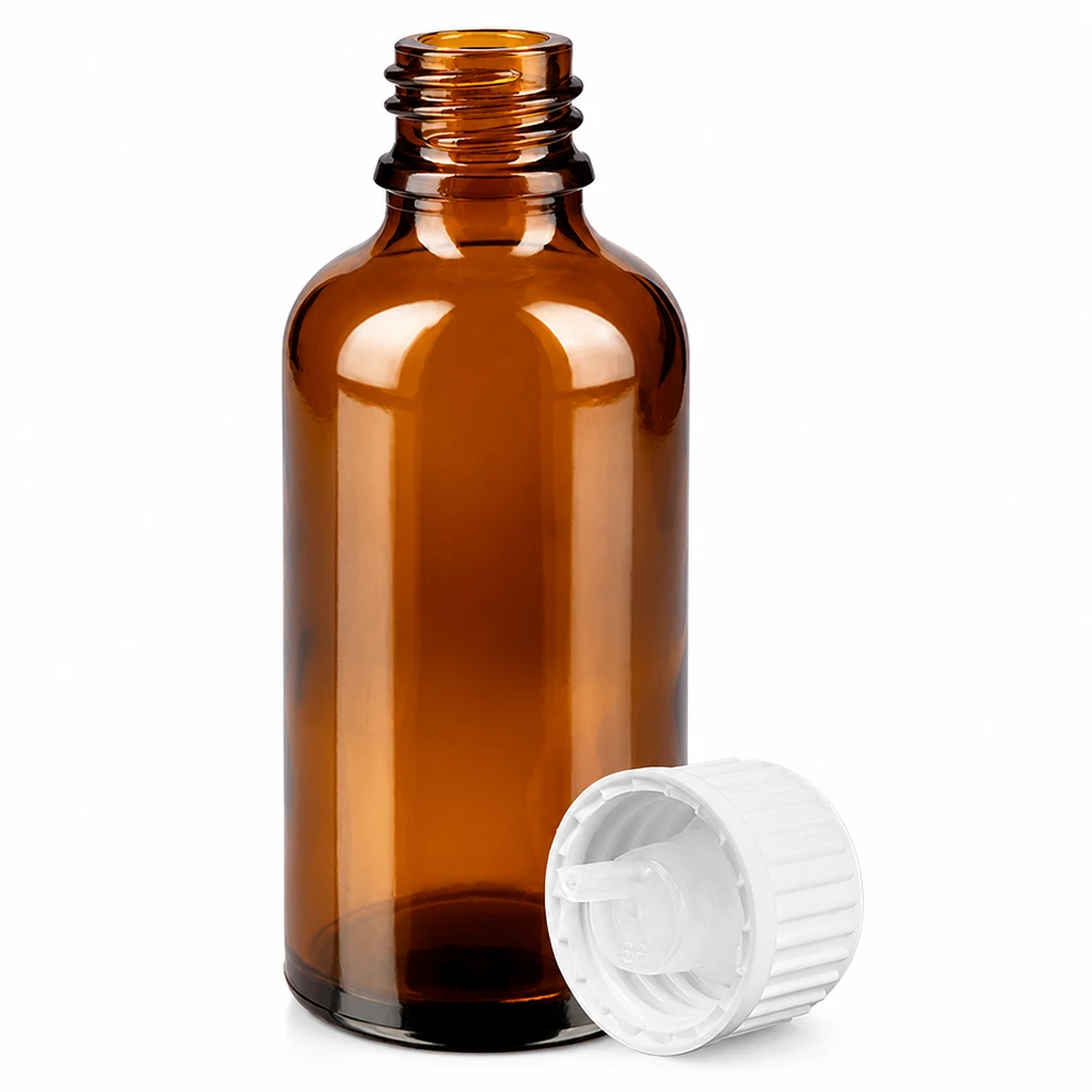 50 ml BrownLine droppflaska av bärnstensfärgat glas med vitt standardlock för apotek och laboratorier