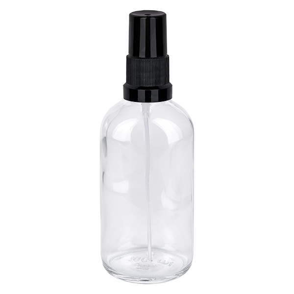Genomskinlig glasflaska på 100 ml med svart sprayhuvud STD ClearLine UT18/100