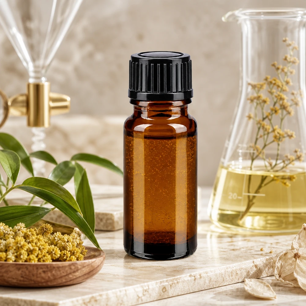 Apoteksflaska brun 10ml skruvkork svart standard Brun 10 ml apoteksflaska med svart lock bredvid en Erlenmeyerkolv och gula blommor