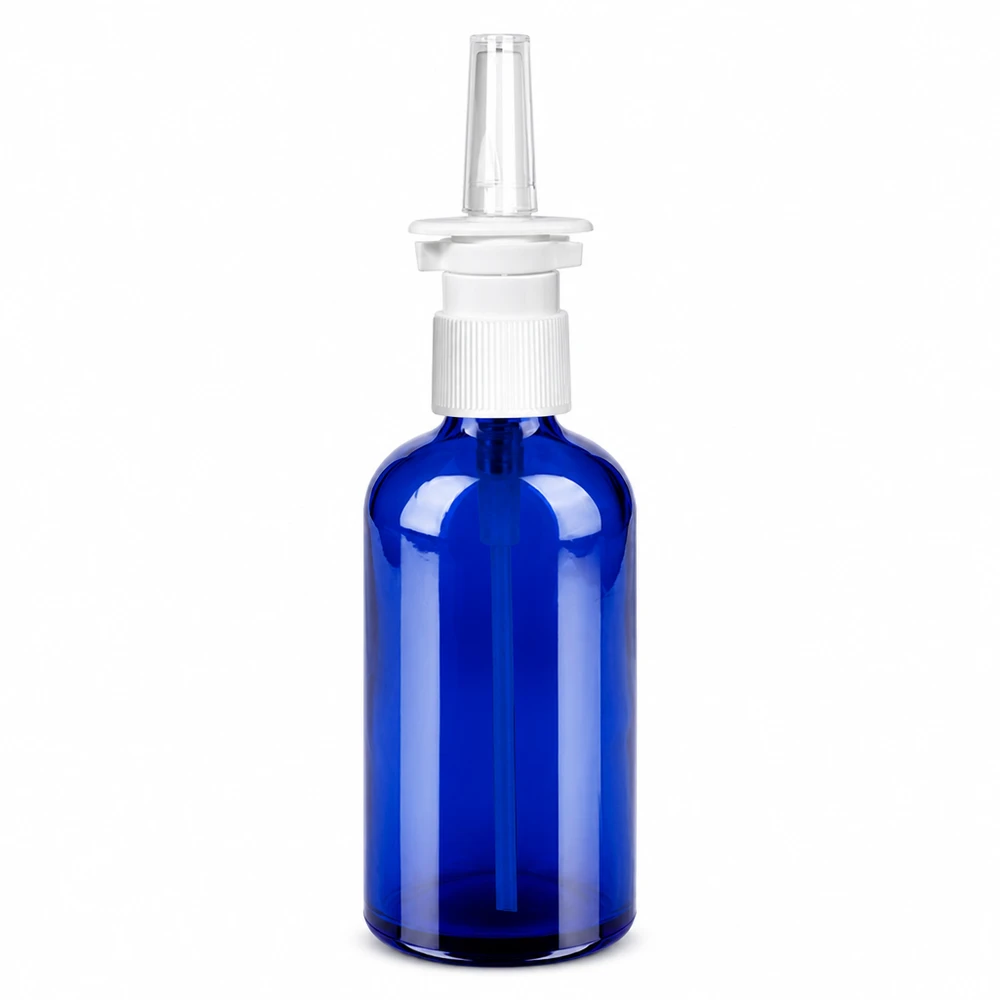 100ml nässprayflaska svart vit/transparent standardlock BlueLine UT18/100 Blå 100 ml nässprayflaska av glas med vitt sprayfäste för medicinska tillämpningar