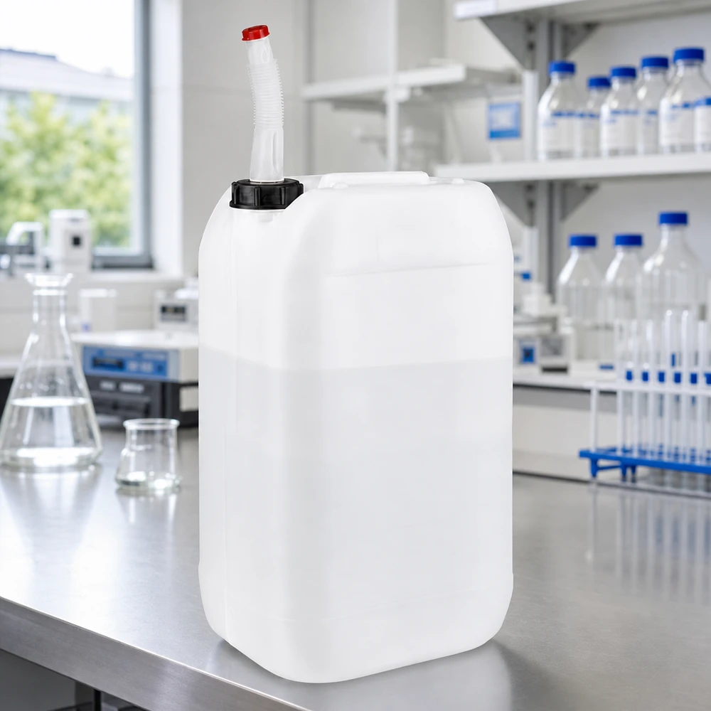 Laboratoriekanna på 15 liter med svart skruvlock och böjbar hällpip av HDPE