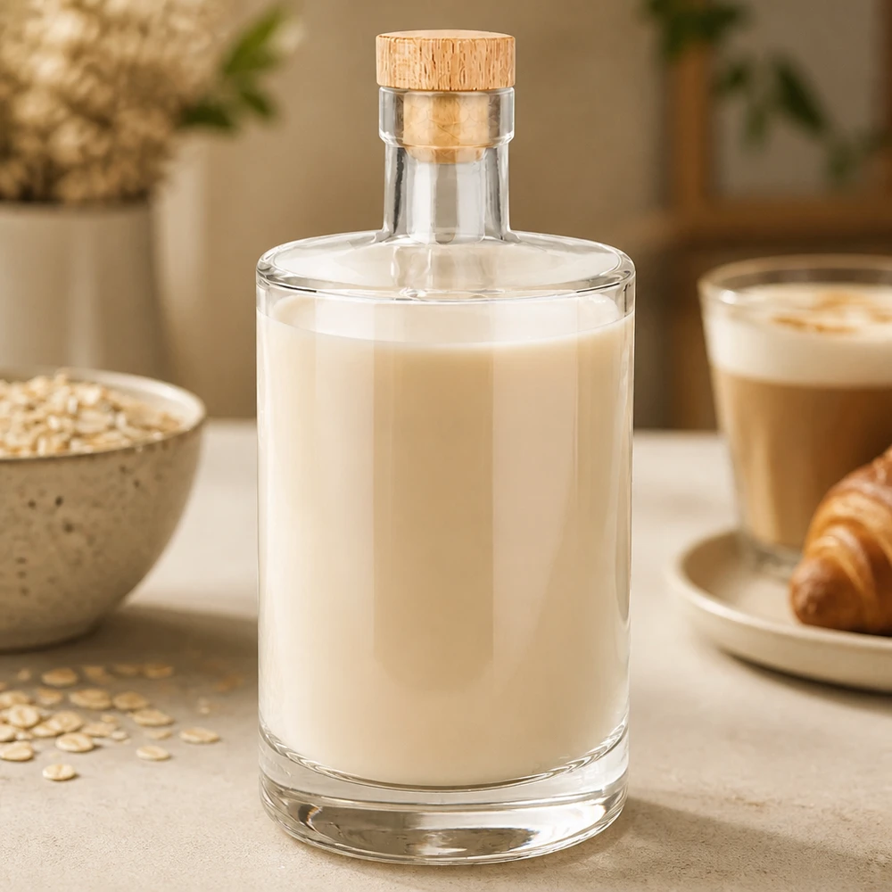 700 ml Marie-glasflaska med krämigt havremjölksinnehåll och träkork bredvid havreflingor och kaffekopp