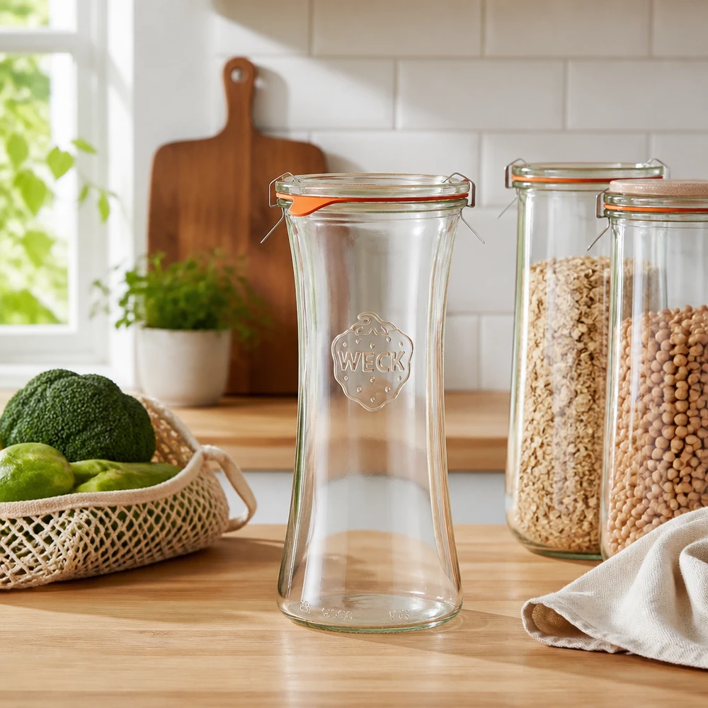 700ml delikatessburk komplett WECK RR80 WECK RR80 delikatessburk 700ml tom på träbänk i ljust kök med avokado, limefrukter och förvaringsburkar
