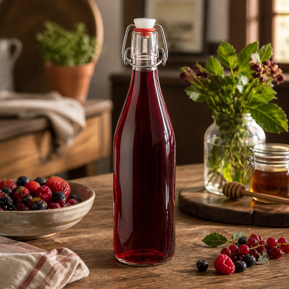 500ml glasflaska + svängbar topp porslin UNiTWIST 500 ml glasflaska med svängbart lock som innehåller röd bärjuice på träbord bredvid färska bär och honung i kök