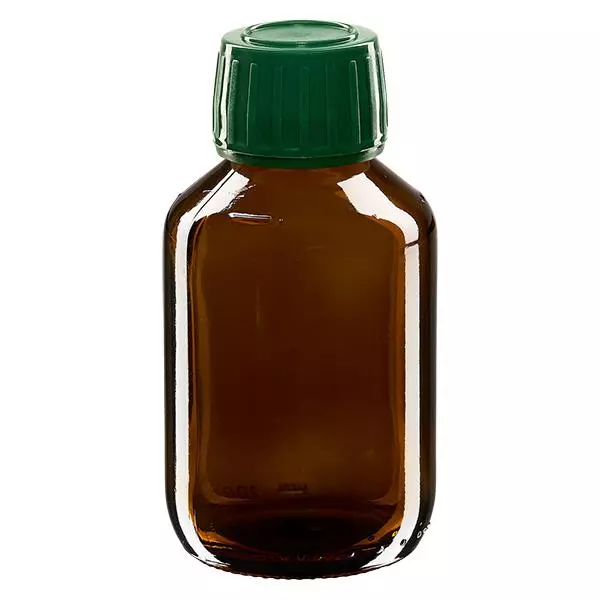 100 ml medicinflaska brun, grönt lock med säkerhetsring ApoGlas 100 ml medicinflaska brun, grönt lock med säkerhetsring ApoGlas
