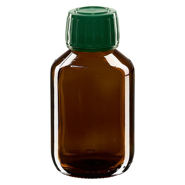 100 ml medicinflaska brun, grönt lock med säkerhetsring ApoGlas 100 ml medicinflaska brun, grönt lock med säkerhetsring ApoGlas