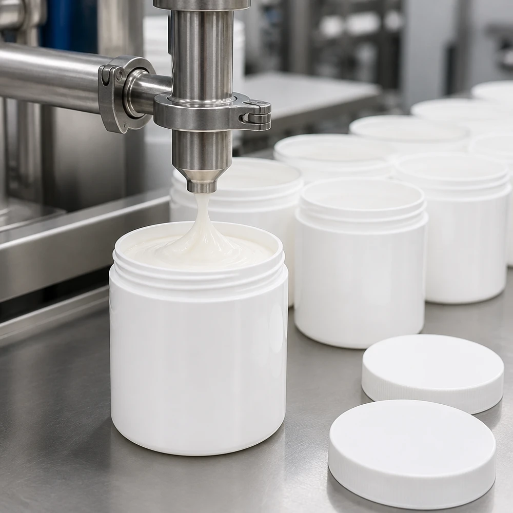 Salvburk 500g vit med vitt skruvlock (polypropylen) En automatisk fyllningsanläggning fyller vita 500 g PP-salvburkar med vit kräm på löpbandet