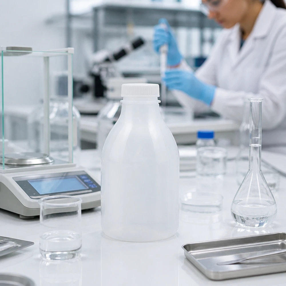 30ml laboratorieflaska med smal hals utan lock En 30 ml laboratorieflaska med smal hals utan lock bredvid analysvågen och Erlenmeyerkolven i laboratoriet