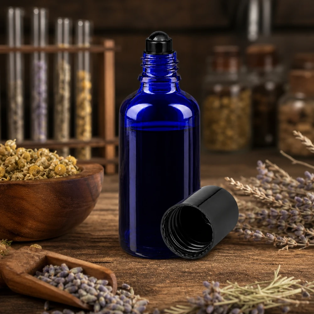 50 ml roll-on-flaska i koboltblått med svart kulspets, omgiven av torkade örter och lavendel