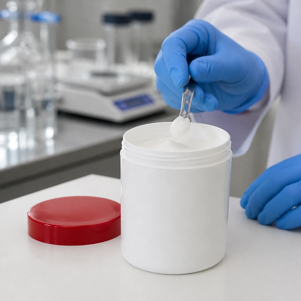 Salvburk 500g vit med rött skruvlock (polypropylen) En laboratorieassistent tar ut vit kräm ur en 500 g-salvburk med rött skruvlock