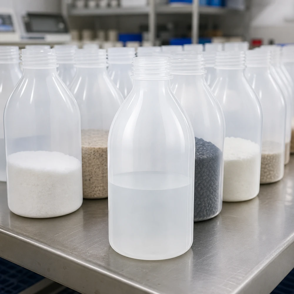 250ml laboratorieflaska med smal hals utan lock 250 ml genomskinlig laboratorieflaska med smal hals av PE utan lock på ett bord av rostfritt stål i laboratoriet