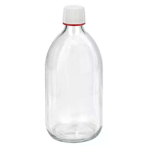 500ml medicinflaska genomskinlig, lock vit med manipuleringssäker ring röd ApoGlas 500ml medicinflaska genomskinlig, lock vit med manipuleringssäker ring röd ApoGlas