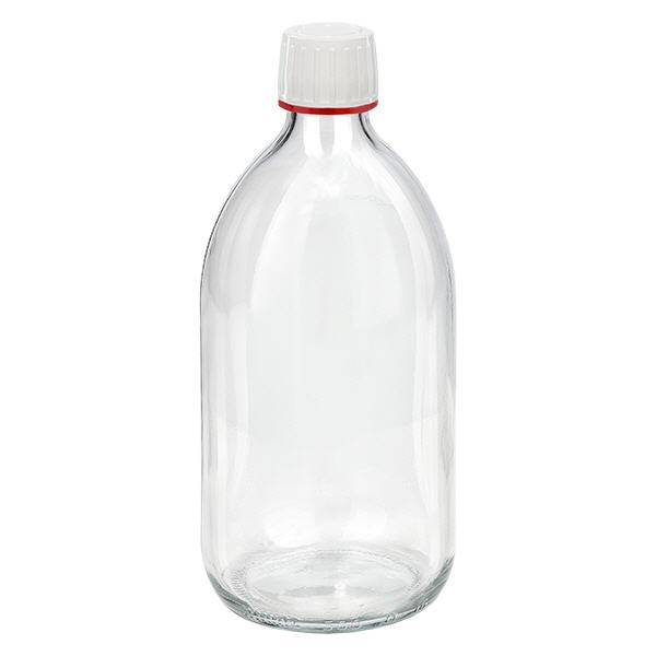 500ml medicinflaska genomskinlig, lock vit med manipuleringssäker ring röd ApoGlas 500ml medicinflaska genomskinlig, lock vit med manipuleringssäker ring röd ApoGlas
