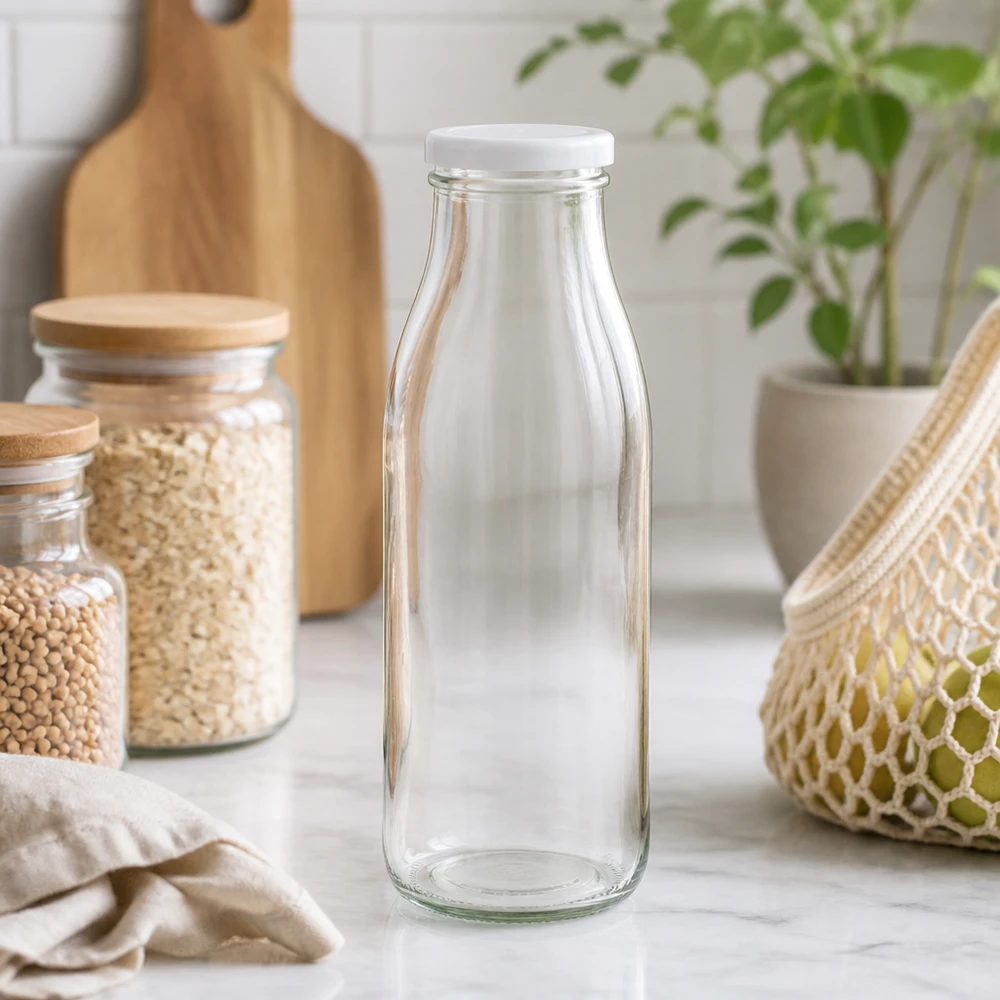 500 ml glasflaska tom i en naturlig köksmiljö med förvaringsburkar och växter Livsstilsbild