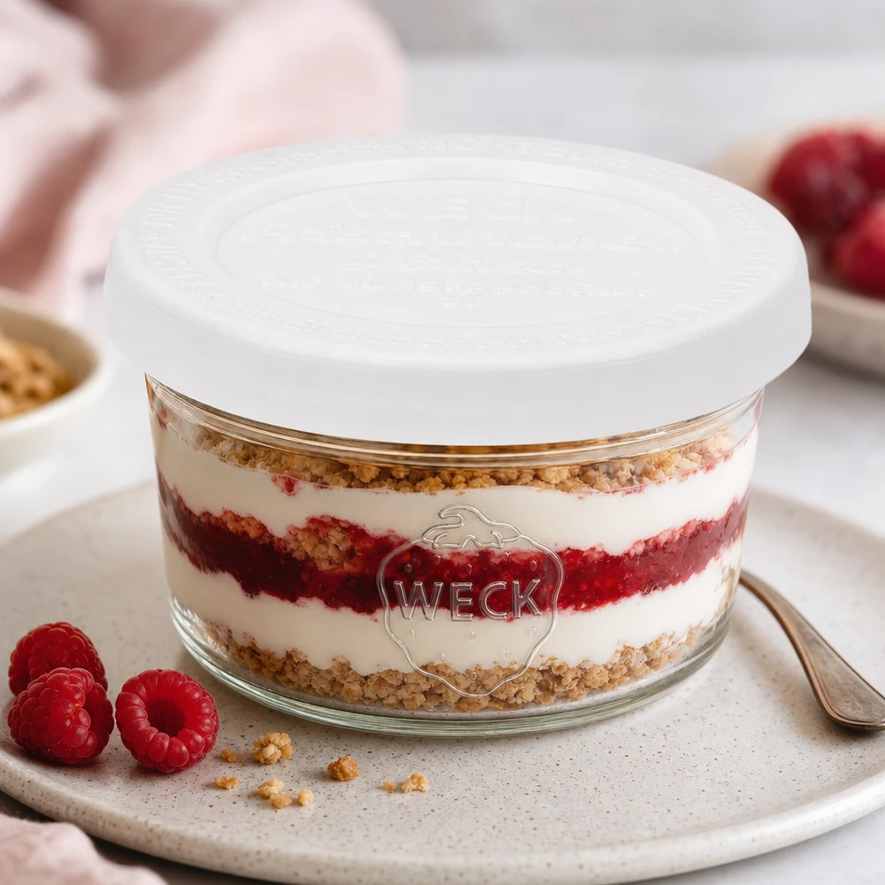 50ml Krossade glasögon med friskhetslock WECK RR60 WECK 50 ml-glas RR60 med skiktad dessert och hallon som dessertvariant på ett vitt serveringsfat