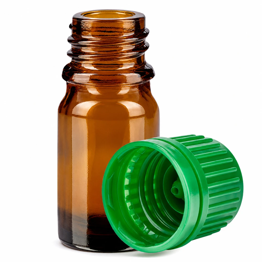 5 ml bärnstensfärgad glasflaska med 11 mm gänga och grönt lock för exakt dosering