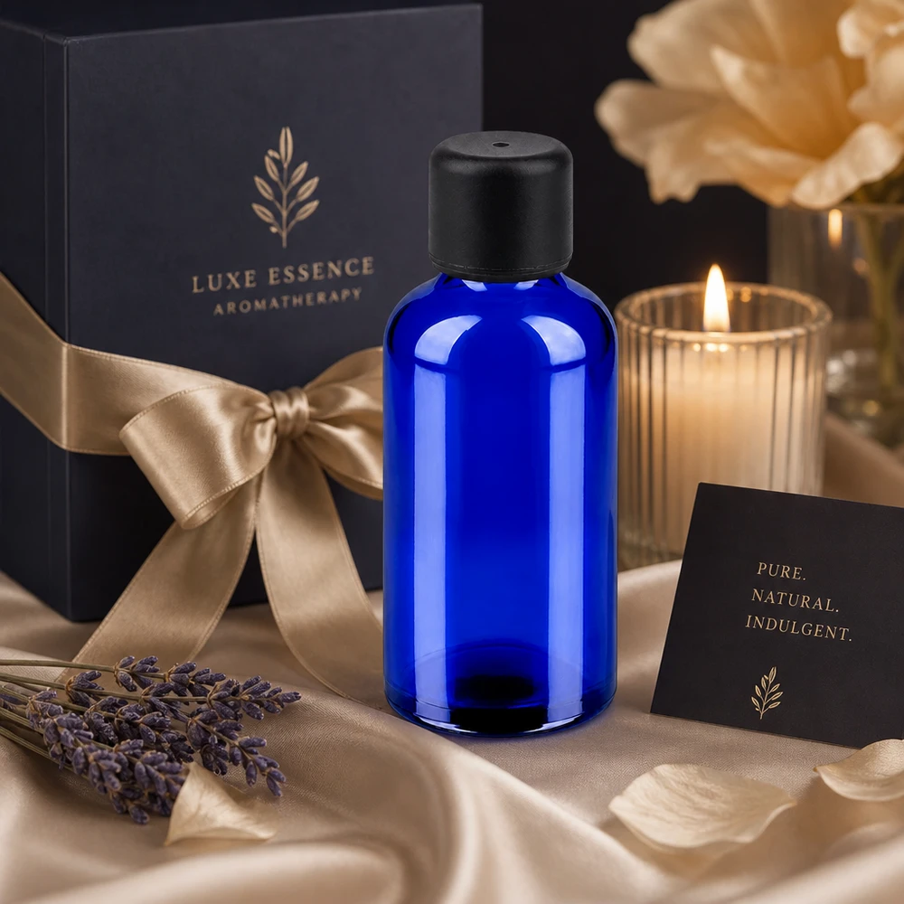 50ml flaska 6mm skruvkork svart standard BlueLine UT18/50 50 ml lyxig aromaterapiflaska i blått glas med svart lock för premiumkosmetika