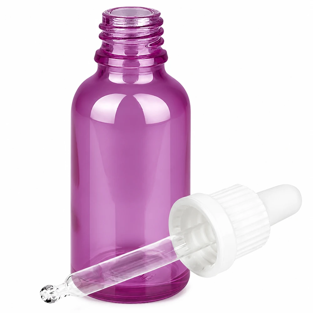 Violett glasflaska 30 ml med pipett och vitt gummilock för eteriska oljor