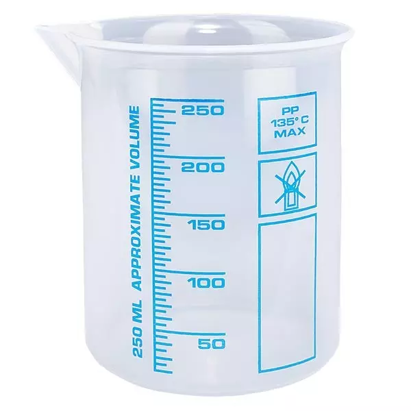 250 ml mätbägare (Griffin-bägare) PP, antistatisk, med hög transparens enligt DIN 12.311, med gradfri pärlkant, tryckt blå skala 250 ml mätbägare (Griffin-bägare) PP, antistatisk, med hög transparens enligt DIN 12.311, med gradfri pärlkant, tryckt blå skala