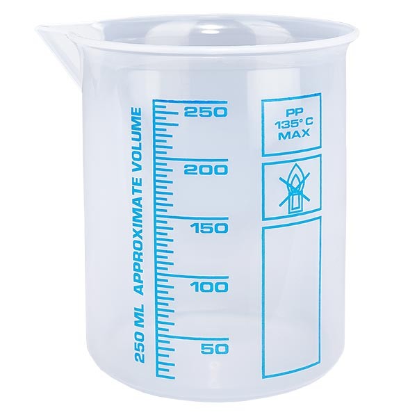 250 ml mätbägare (Griffin-bägare) PP, antistatisk, med hög transparens enligt DIN 12.311, med gradfri pärlkant, tryckt blå skala 250 ml mätbägare (Griffin-bägare) PP, antistatisk, med hög transparens enligt DIN 12.311, med gradfri pärlkant, tryckt blå skala