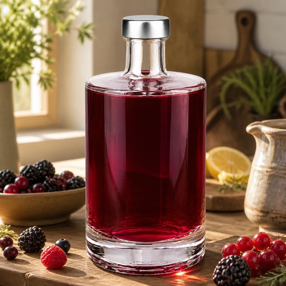 500 ml glasflaska Sam och skruvkork silver UNiTWIST® 500ml Glasflasche Sam mit rotem Beerenlikör gefüllt zwischen Waldbeeren und Küchenutensilien natürliches Licht