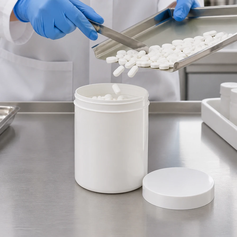 Salvburk 300g vit med vitt skruvlock (polypropylen) Farmaceutisk förpackning av tabletter i vita 300 g salvorburkar av PP med skruvlock